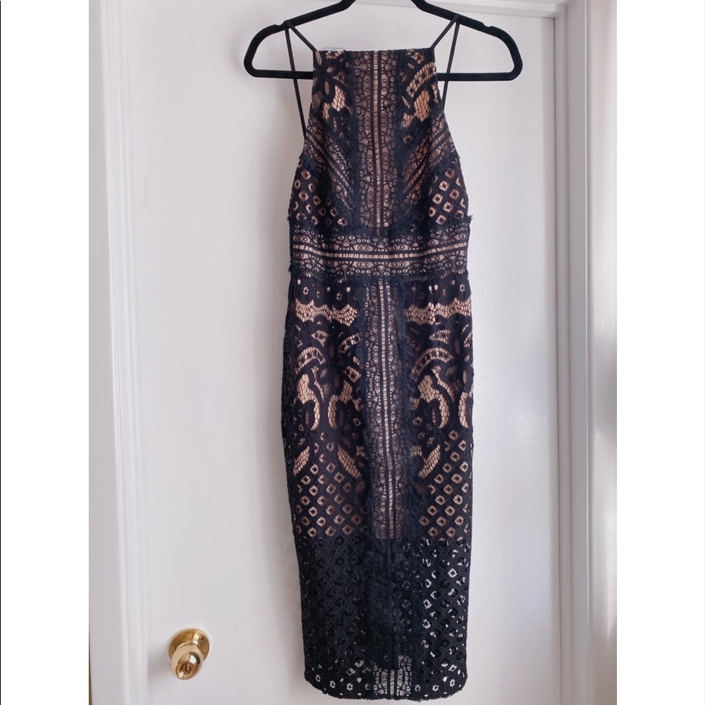 Keepsake women's black eyelash lace midi dress halter neckline xs